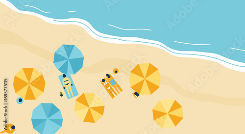Overhead view of a beach scene with people relaxing under colorful umbrellas.