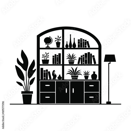 Arched bookshelf silhouette with globe, plants and lamp 