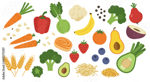 A colorful assortment of various fresh fruits and vegetables arranged on a white background.