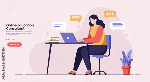 Illustration of a woman sitting at a desk, working on a laptop with speech bubbles above, in a modern, flat design style.