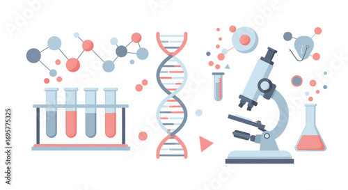 Illustration showing laboratory equipment including test tubes, DNA strand, molecules, microscope, and flask, all set against a white background.