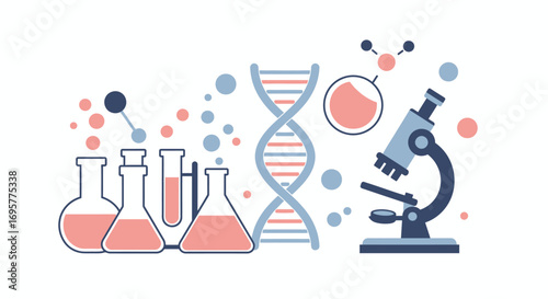 Simple graphic illustration of scientific lab equipment, DNA, and microscope.
