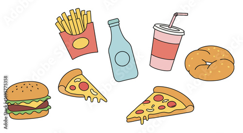 Cartoon illustration of fast food: burger, pizza slices, fries, soda, and bagel.