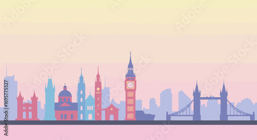 Illustrated silhouette of the London skyline featuring iconic landmarks like Big Ben and Tower Bridge against a pastel gradient background.