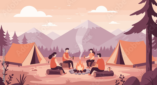 A group of friends enjoying a campfire in a mountainous outdoor setting, camping.