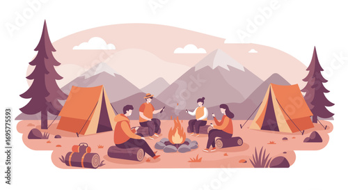 A group of friends camping in the mountains, sitting around a campfire near tents, enjoying the outdoors.