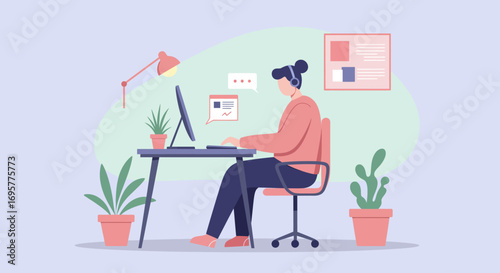 A person working at a desk, using a computer, with plants, and a lamp.