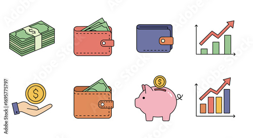 Illustration showing stacks of money, wallets with cash, a hand holding a coin, piggy bank, and bar graphs with upward trending arrows.