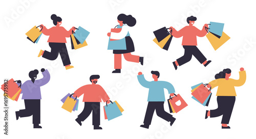 Happy shoppers joyfully carrying colorful shopping bags after a successful retail spree.