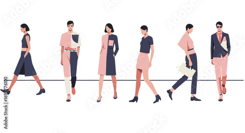 fashion models walking, pink and navy outfits clip art preview