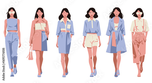 Fashion models showcasing various pastel-toned outfits,  in a flat design style.