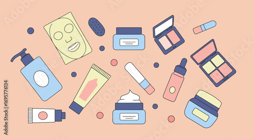 A flat-lay illustration of various beauty and skincare products.