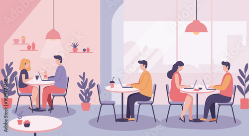 People working and socializing in a modern cafe with tables and plants, enjoying coffee.