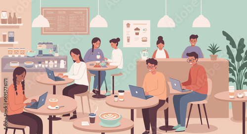Illustration of people working and socializing in a modern, light-filled cafe with tables, laptops, coffee, and a barista serving customers.