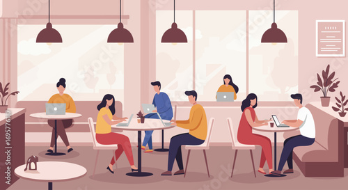 Several people are working on laptops in a bright, modern cafe setting with large windows and pendant lights.