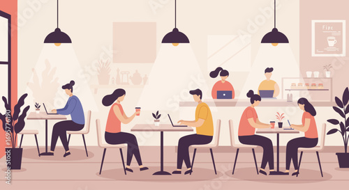 People working and relaxing in a bright, modern cafe setting with tables, chairs, laptops, and coffee cups.