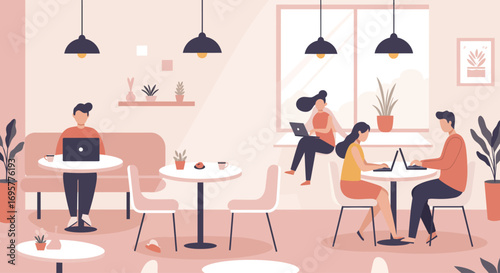 Illustration of people working on laptops in a bright, modern cafe setting with tables, chairs, plants, and pendant lights.