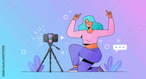 Woman recording a video blog, arms raised, using a tripod and smartphone.