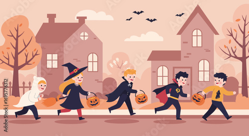 Children in costumes trick-or-treating on Halloween, running down a street with houses, trees, and bats in the sky.