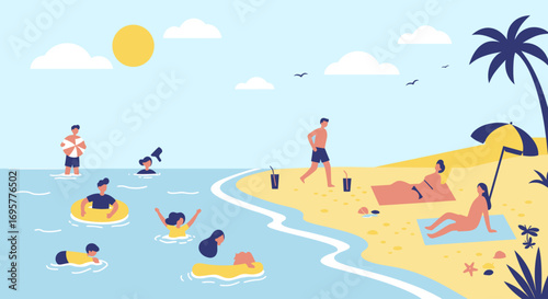 Beach scene with people enjoying a sunny day, swimming, sunbathing, and relaxing.