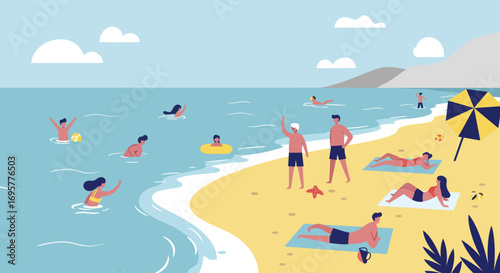 Beach scene with people enjoying summer activities.