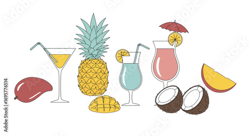 Colorful illustration of tropical drinks and fruits, including cocktails, pineapples, mangoes, and coconuts.