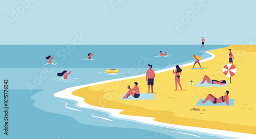 Busy summer beach scene with people swimming, sunbathing, and relaxing.