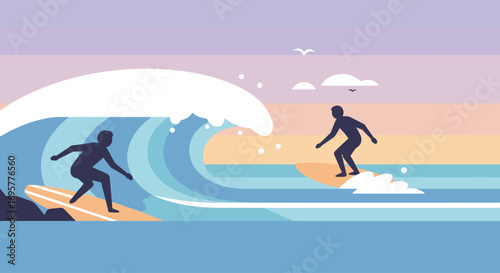 Two surfers riding waves in the ocean during a beautiful sunset, enjoying the water.