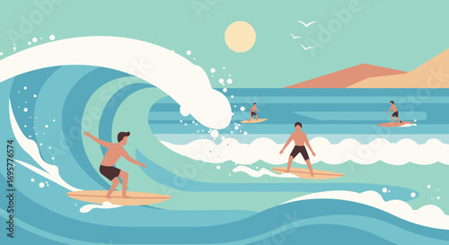 Surfers riding waves on a sunny day, enjoying ocean water and coastal scenery.