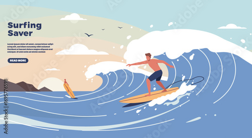 A surfer rides a large wave on a surfboard, with a second surfer visible in the background; mountains and birds are also present.