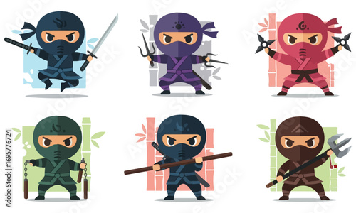 A Fun Collection of Six Chibi Ninja Characters, Posing, Throwing Shuriken, and Hiding in a Bamboo Forest with Swords and Stealthy Moves