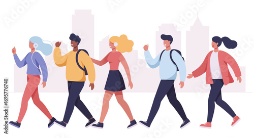 Diverse group of people walking down a city street, enjoying a casual urban stroll.