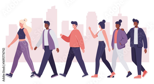 Diverse group of young adults strolling through a city, enjoying an urban walk together.