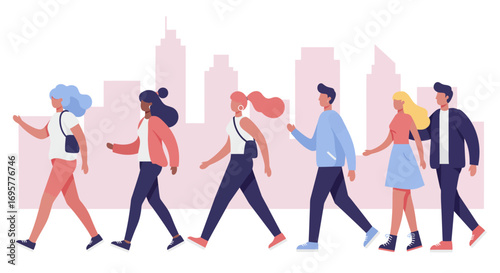 Diverse group of young adults strolling through a city, enjoying a casual walk together.