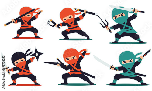 A Fun Collection of Six Chibi Ninja Characters, Posing, Throwing Shuriken, and Hiding in a Bamboo Forest with Swords and Stealthy Moves