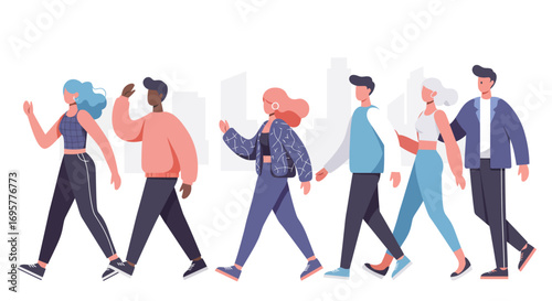 Diverse group of young adults strolling together, showcasing casual attire and friendly interactions.