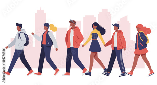A diverse group of young adults walking together in a city setting, enjoying a casual stroll.
