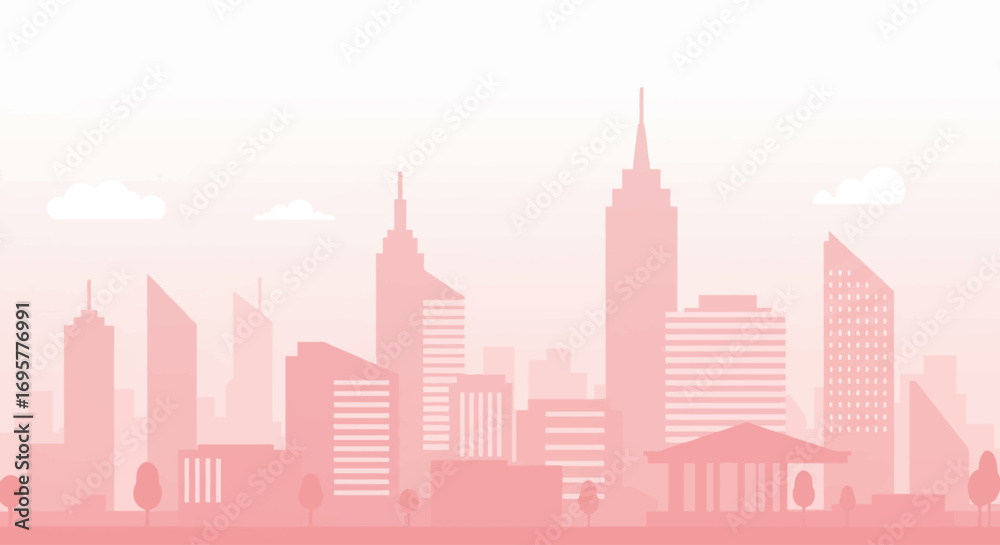 Naklejka premium A stylized, minimalist illustration of a city skyline in shades of pink, featuring various building silhouettes.