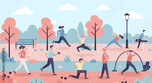 Illustration of people exercising in a park, including running, stretching, and using exercise equipment under a blue sky with trees and clouds.