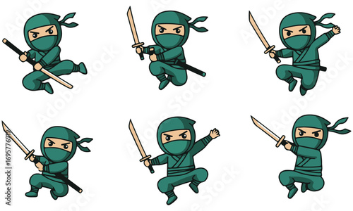 A Fun Collection of Six Chibi Ninja Characters, Posing, Throwing Shuriken, and Hiding in a Bamboo Forest with Swords and Stealthy Moves