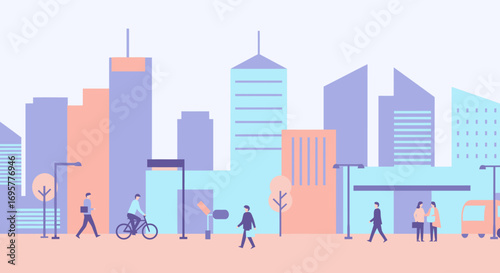 Pastel-toned cityscape illustration with pedestrians and various transportation.