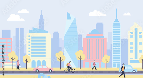 Illustrated cityscape featuring pedestrians, cyclists, and cars on a street with various colorful buildings and trees under a cloudy sky.
