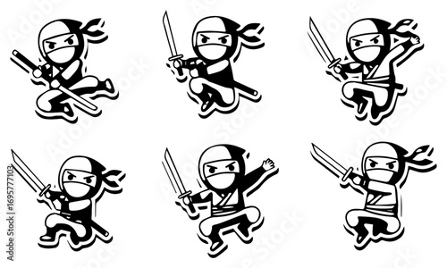Dynamic Collection of Cartoon Ninja Characters in Black and White, Performing Various Action Poses with Katanas, Jumping, Running, and Fighting with Classic Stealth