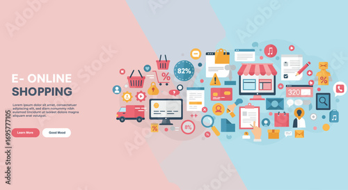 Colorful illustration depicting online shopping, featuring icons of a store, cart, and delivery truck.