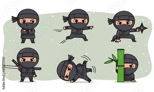 A Fun Collection of Six Chibi Ninja Characters, Posing, Throwing Shuriken, and Hiding in a Bamboo Forest with Swords and Stealthy Moves