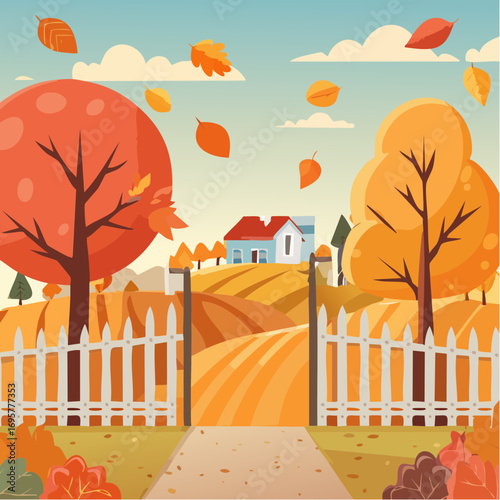 Autumn country scene with autumn decor, leaf, branch, gate