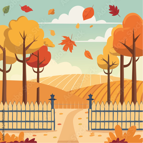 Autumn country scene with autumn decor, leaf, branch, gate