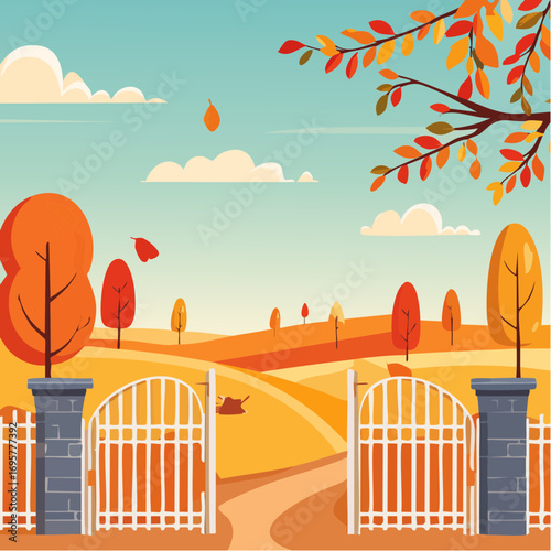 Autumn country scene with autumn decor, leaf, branch, gate