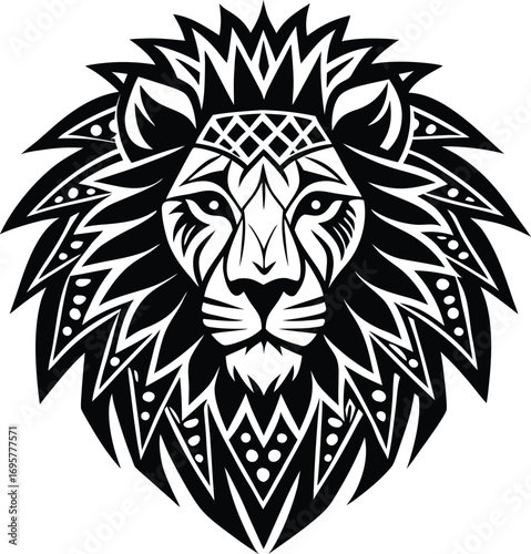a lion head logo with a mane made of african triba.eps