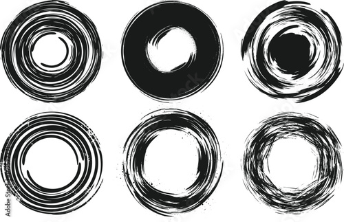 grunge round strokes set, distressed circle ink frames, abstract textured black rings, hand drawn messy brush elements